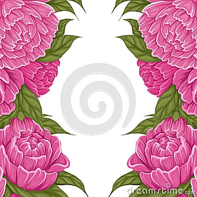 Square card with symmetry lush cartoon peony flowers with foliage and copy space. Vector natural border with floral bouquet Vector Illustration