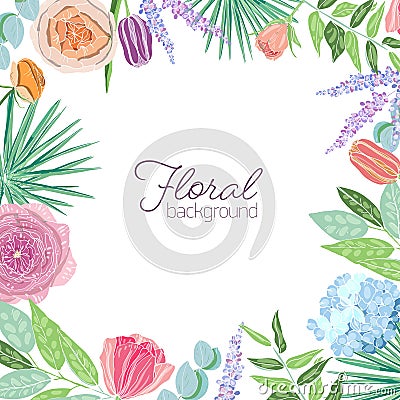 Square card template decorated with border or frame made of elegant blooming flowers and leaves. Floral background with Vector Illustration