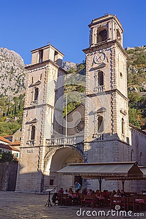Square and Cathedral of Saint Tryphon in Old Town of Kotor, Montenegro Editorial Stock Photo