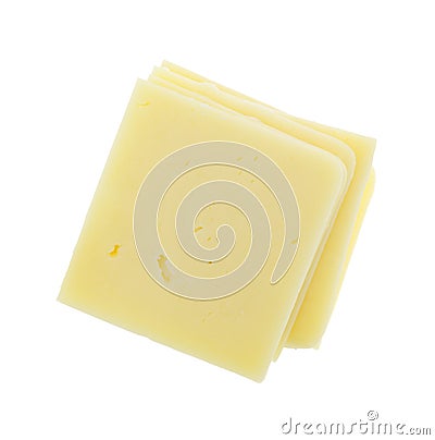 Square cheddar cheese slices on white background Stock Photo