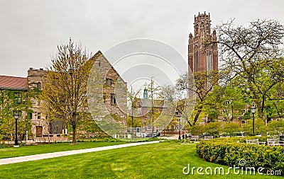 Square of Chicago University campus with view of Saieh Hall for Economics tower, USA Stock Photo