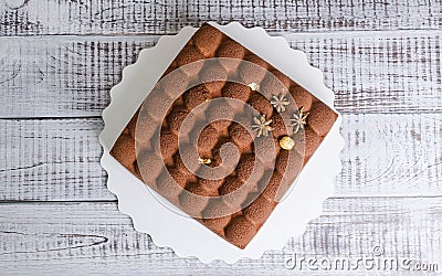 Square chocolate velour mousse cake Stock Photo