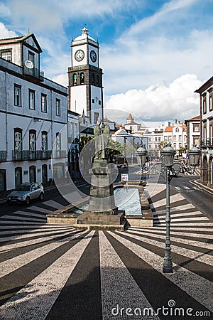 Square with a church, Ponta Delgada, Sao Miguel, Azores Islands, Portugal Editorial Stock Photo