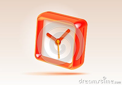 Square clock icon in 3d vector style, with gloss effect. Orange time on light background. Color watch. Vector design element Vector Illustration