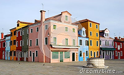 Square and colored houses in Burano in the municipality of Venice in Italy Stock Photo