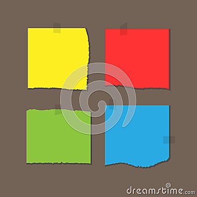 Square colored sheets of paper with torn edges. Attached with adhesive tape. Vector Illustration