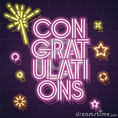 Square congratulations typography with sparkles and confetti. Neon text for celebrating lottery, giveaway, birthday Vector Illustration