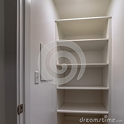 Square crop Walk in closet or pantry with empty wall shelves seen through open hinged door Stock Photo