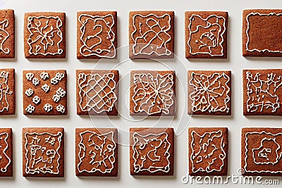 Square delicious gingerbread cookies with decoration in form of white snowflakes Stock Photo