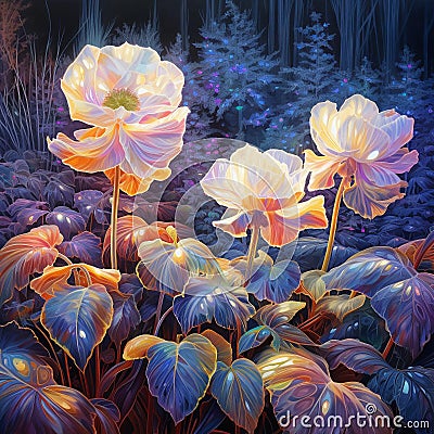 Square digital painting of fantasy glowing flowers in the mystical forest. Printable illustration Cartoon Illustration