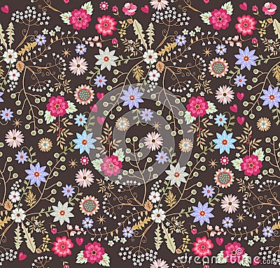 Square ditsy seamless floral pattern with fantasy flowers in folk style. Vector illustration. Print for fabric, gift wrapper, tile Vector Illustration