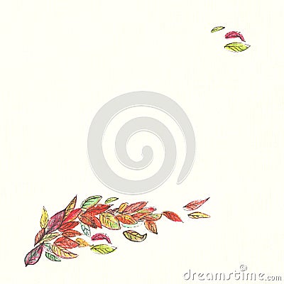 Square drawing flying multicolored autumn leaves in the wind drawn with watercolor pencil card on the pale yellow background of Stock Photo