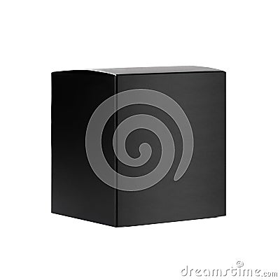 Square elegant black blank paper box side view isolated, mock up of packing for branding identity product, advertising. Stock Photo