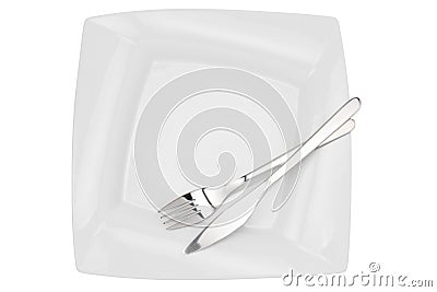 Square empty dish, knife and fork, top view Stock Photo