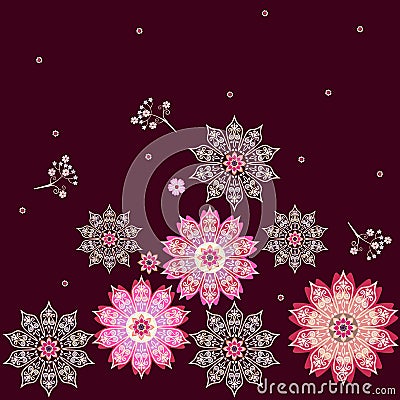 Square endless ethnic ornament with colorful flowers mandalas in vector. Indian, arabic motives. Print for fabric Vector Illustration