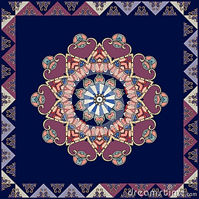 Square ethnic rug with flower mandala with purple petals and decorative frame. Vector Illustration