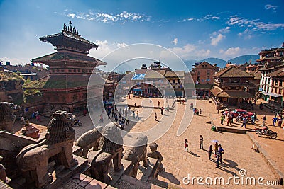 Square filled with people in Bhaktapur, in Kathmandu Valley, Nepal Editorial Stock Photo