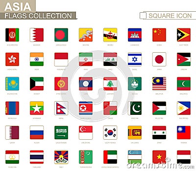 Square flags of Asia. From Afghanistan to Yemen Vector Illustration