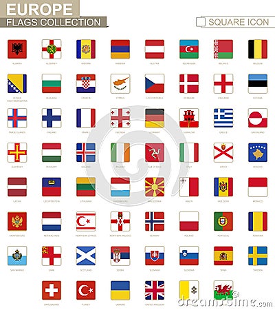 Square flags of Europe. From Albania to Wales Vector Illustration