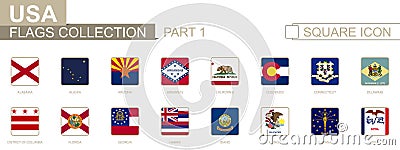 Square flags of US States. Part I from Alabama to Iowa Vector Illustration