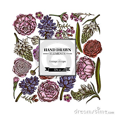 Square floral design with colored peony, carnation, ranunculus, wax flower, ornithogalum, hyacinth Vector Illustration