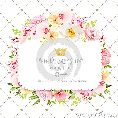 Square floral vector design frame. Orchid, wild rose, camellia flowers and fresh green leaves Stock Photo