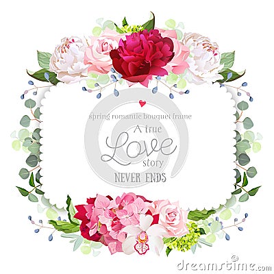 Square floral vector frame with peony, rose, carnation, orchid, hydrangea and eucaliptus. Vector Illustration