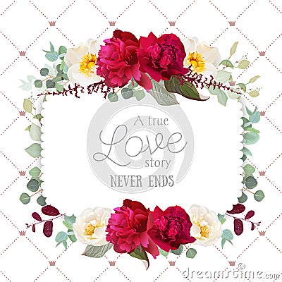 Square floral vector frame with peony, wild rose, mint eucaliptus and burgundy red leaves on white. Vector Illustration