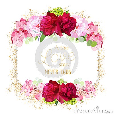 Square floral vector frame withpink peonies, hydrangea on white Vector Illustration