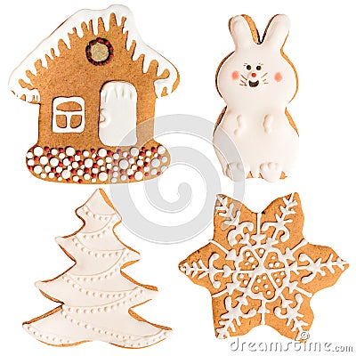 square format, collage Christmas gingerbread isolated on white background.collection of house, tree and rabbit Stock Photo