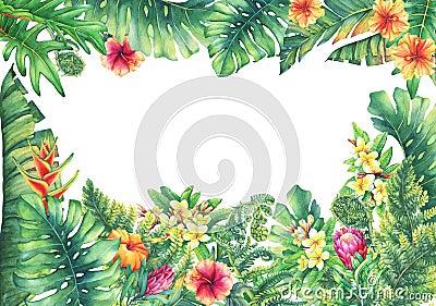 Square frame with branches purple Protea flowers, plumeria, hibiscus and tropical plants. Stock Photo