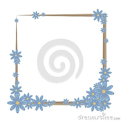 A square frame of a brown outline decorated with a composition of blue flowers with yellow middle vector object isolated on white Vector Illustration