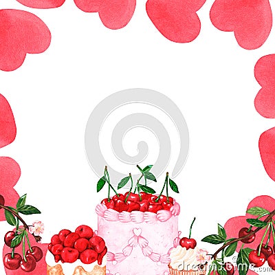 A square frame of cherry sweets and hearts. Watercolor illustration. Isolated on a white background. Cartoon Illustration