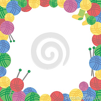 Square Frame of colorful woolen balls of thread, knitting needles and a pair of socks. Vector Illustration
