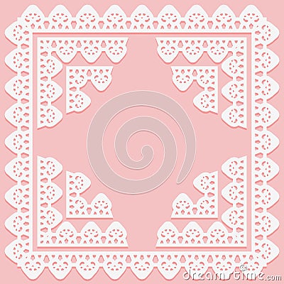 Square frame with lace pattern on edge and corner elements on pink background. Silhouette is suitable for laser cutting Vector Illustration
