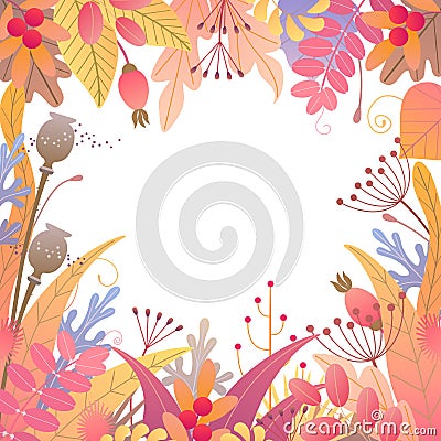 Square Floral Frame with Autumn Plants Vector Illustration