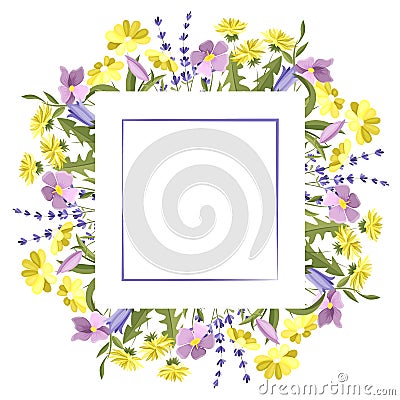 A square frame made of meadow flowers. An empty space for the text. Postcard. A design element. Vector Illustration