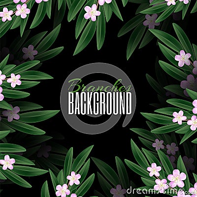 Square frame of Natural nature background. Realistic pink blossom and green leaves background. Flowering cherry exotic Vector Illustration