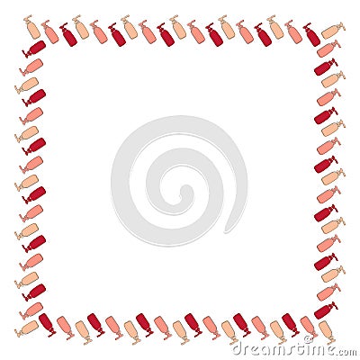 Square frame of outline bottles for shampoos and liquid soaps drawn with one line with dispensers with colored substrates on a wh Vector Illustration