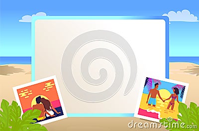 Square Frame with Pictures of Couples on Beach Vector Illustration