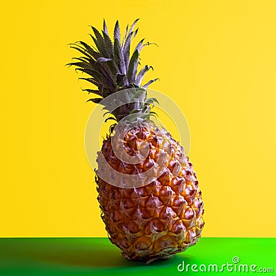 Square frame for pineapple advertising. Ripe sweet exotic fruit stands on a green table with a yellow background. Clipart for Stock Photo