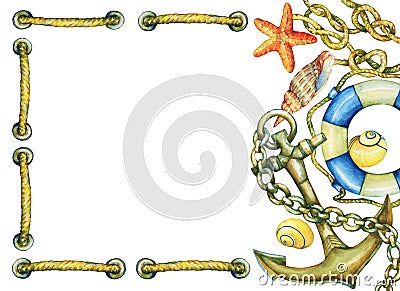 Square frame with rope, nautical objects. Stock Photo