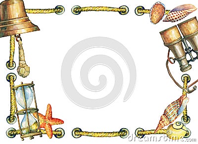 Square frame with rope, nautical objects. Stock Photo