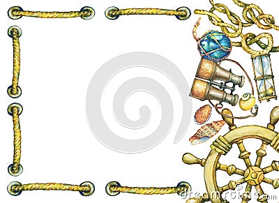 Square frame with rope, nautical objects. Stock Photo