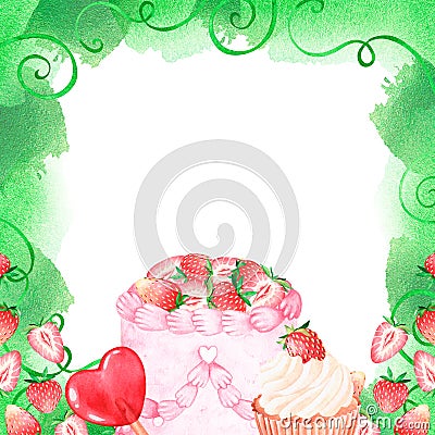 Square frame of strawberry sweets. Watercolor illustration. Isolated on a white background. Cartoon Illustration