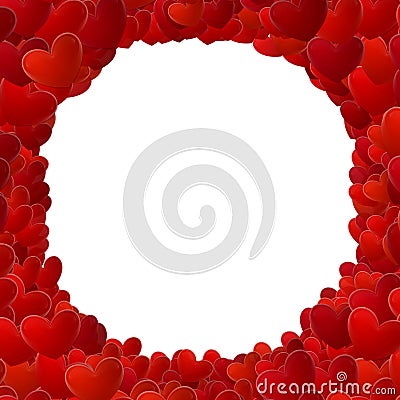 A square frame surrounded by multiple deep red heart shapes. Circular white area for layout use or profile Stock Photo