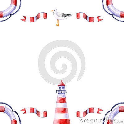 Square frame with watercolor lighthouse, seagull, striped flag, lifebuoy. Hand drawn illustration isolated on white Cartoon Illustration