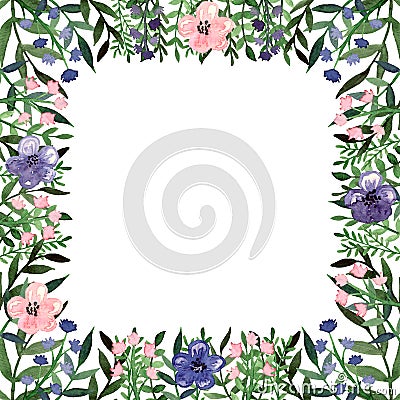 Square Frame with Watercolor Little Flowers and Green Leaves Stock Photo