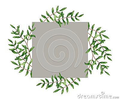 Square frame with watercolor pistache branches. Hand drawn illustration is isolated on white with grey foursquare. Wreath Cartoon Illustration