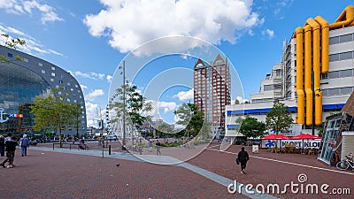 Large square with groups of people in front of the famous market hall in Rotterdam, the Netherlands Editorial Stock Photo